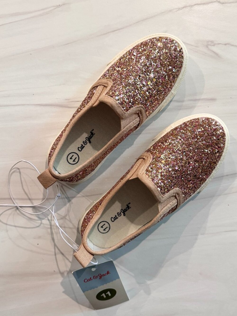 NWT Cat & Jack Girls Rose Gold Glitter Slip On Sneakers (Size 11)